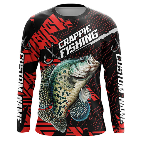 Black And Red Custom Crappie Fishing Jerseys, Crappie Long Sleeve Tournament Fishing Shirts IPHW6199