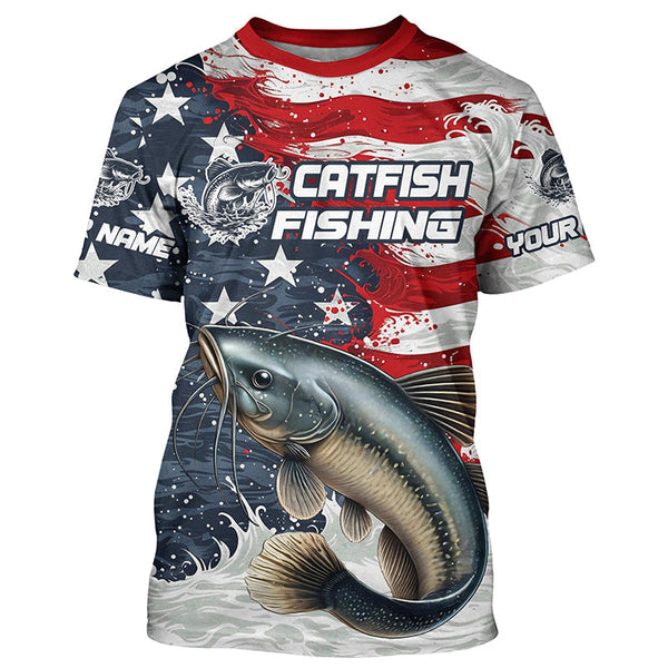 Catfish Fishing Custom Long Sleeve Fishing Shirts, American Flag Patriotic Catfish Fishing Shirt IPHW7013