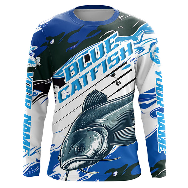 Custom Blue Catfish Fishing Jerseys, Catfish Long Sleeve Tournament Fishing Shirts | Blue Camo IPHW6227