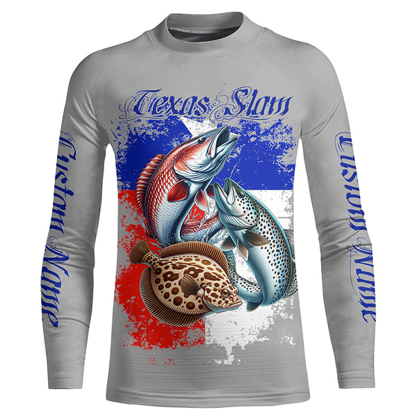 Texas Slam Redfish, Trout, Flounder Custom Long Sleeve Fishing Shirts, Texas Flag Fishing Jerseys IPHW6230