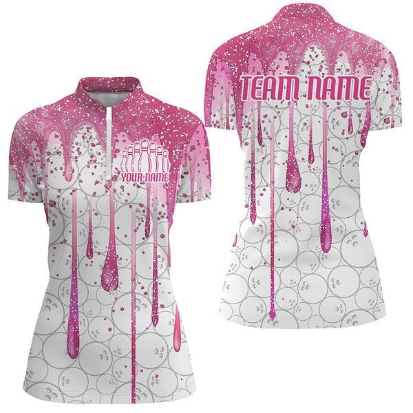 3D Pink Glitter Pink Ribbon Pattern Custom Breast Cancer Bowling Polo Shirts For Women IPHW7051