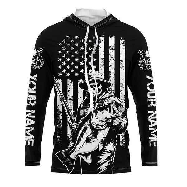 Black And White American Flag Bass Fisherman Custom Skull Fishing Shirts, Patriotic Fishing Jerseys IPHW5648