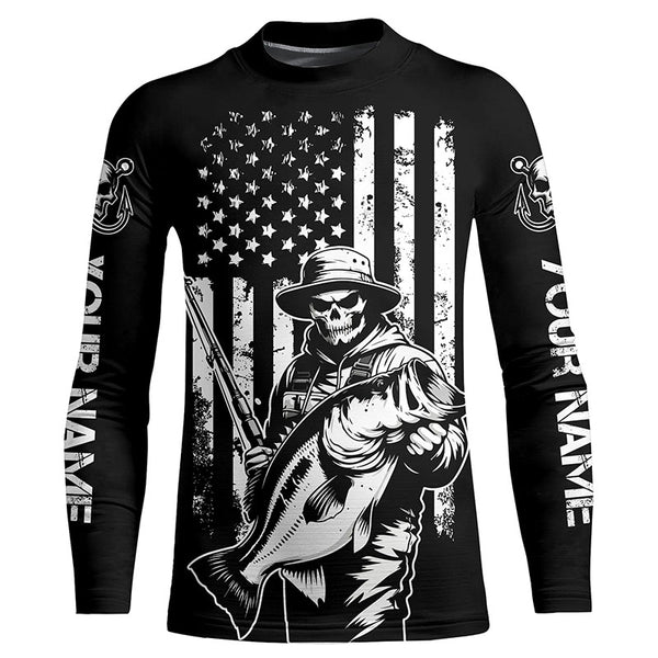 Black And White American Flag Bass Fisherman Custom Skull Fishing Shirts, Patriotic Fishing Jerseys IPHW5648