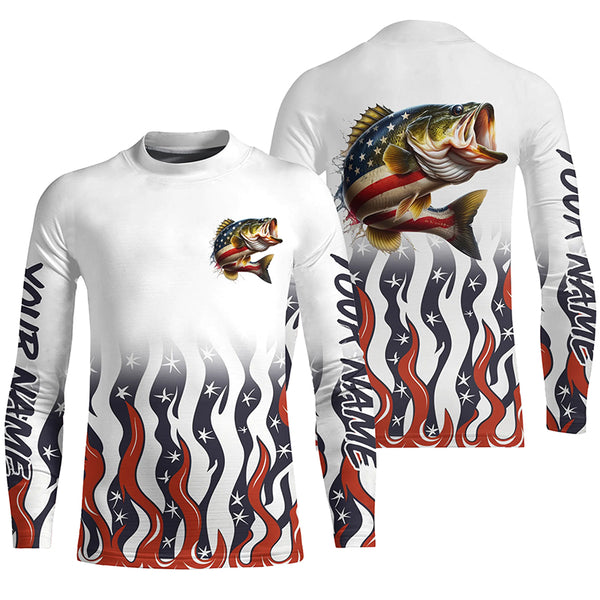 Personalized American Flag Bass Long Sleeve Fishing Shirts, Patriotic Bass Fishing Gifts IPHW5945