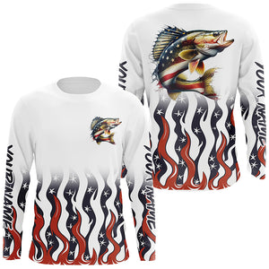 Personalized American Flag Walleye Long Sleeve Fishing Shirts