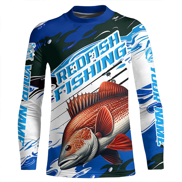 Custom Redfish Puppy Drum Long Sleeve Tournament Fishing Shirts, Redfish Fishing Jerseys | Blue Camo IPHW6231