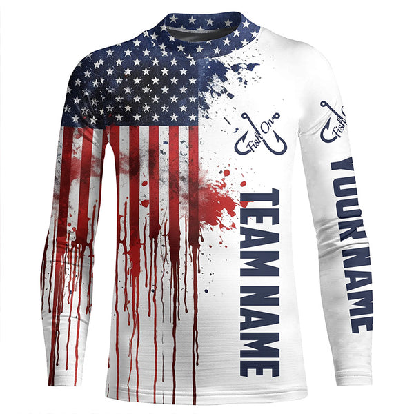Fish On American Flag Custom Long Sleeve Performance Fishing Shirts, Patriotic Fishing Jerseys IPHW4892