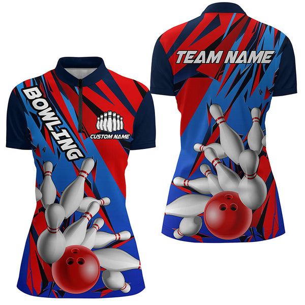 Blue And Red Custom Strike Bowling Team Shirts, Patriotic Ladies Bowling Tournament Jerseys IPHW6258