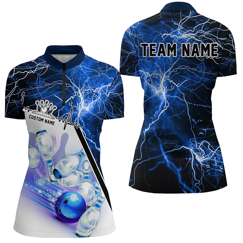 Strike Bowling On The Lane Custom Blue Thunder Lightning Ladies Bowling Team Shirts IPHW6264