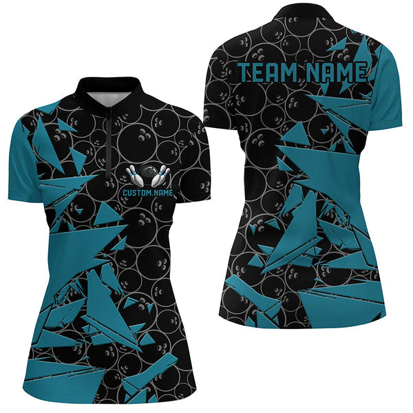 Custom Blue Bowling Team Shirts For Women, Bowling Ball Pattern Bowlers Outfits IPHW6267