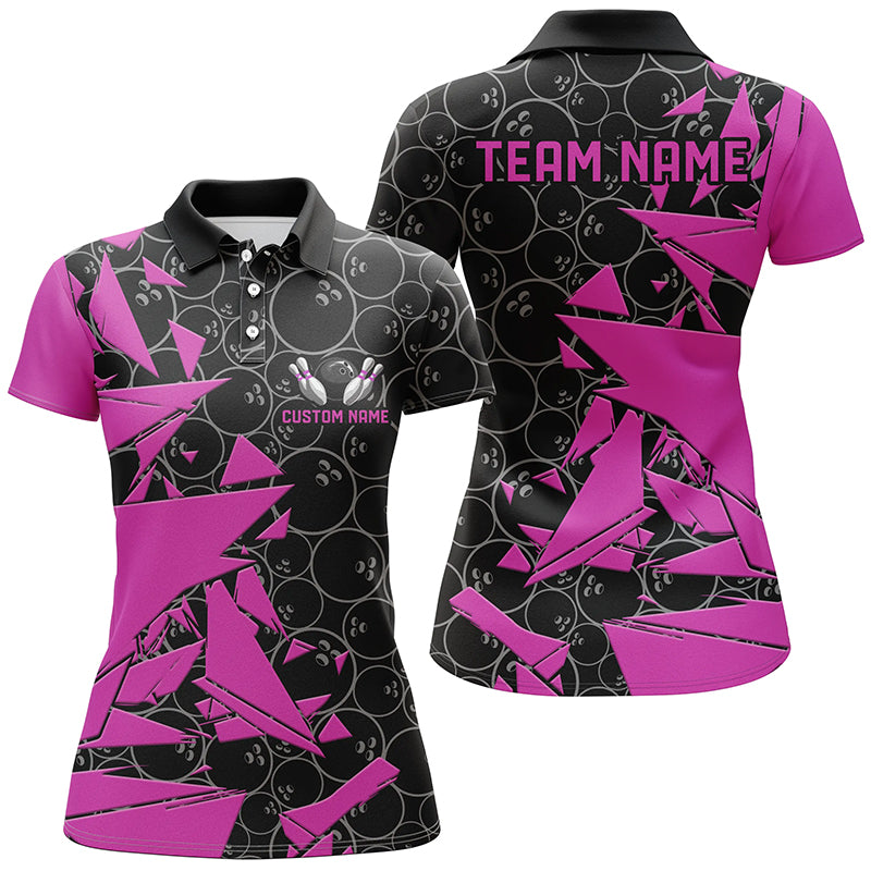 Custom Pink Bowling Team Shirts For Women, Bowling Ball Pattern Bowlers Outfits IPHW6268