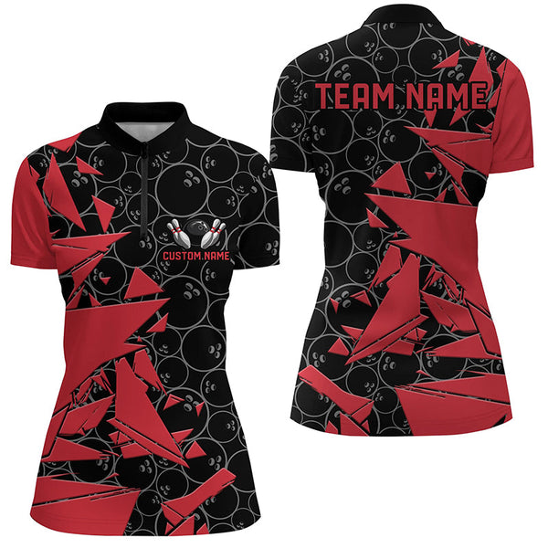 Custom Red Bowling Team Shirts For Women, Bowling Ball Pattern Bowlers Outfits IPHW6269