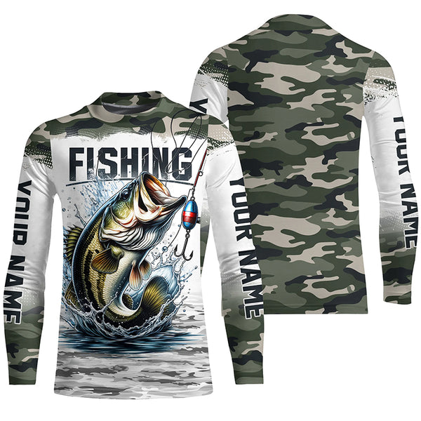 Bass Fishing Camo Custom Long Sleeve Fishing Shirts, Personalized Bass Fishing Jerseys IPHW5998