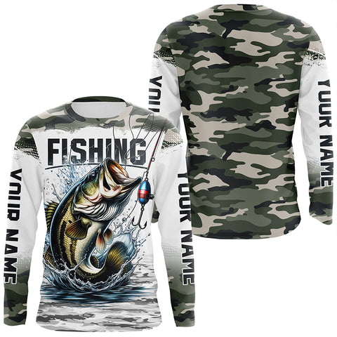 Bass Fishing Camo Custom Long Sleeve Fishing Shirts, Personalized Bass Fishing Jerseys IPHW5998