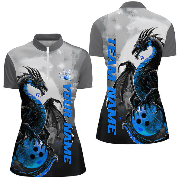 Black And Blue Custom Dragon Bowling Shirts For Women, Dragon Bowling Team Shirts IPHW7059