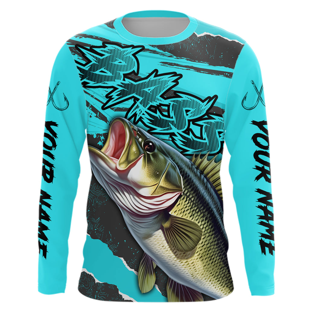 Custom Bass Long Sleeve Performance Fishing Shirts, Multi-Color Bass Tournament Fishing Jerseys IPHW5878 Long Sleeves Hooded UPF / Turquoise Blue