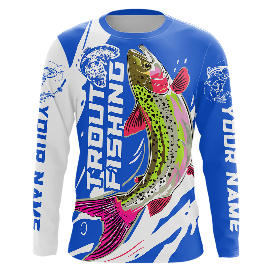 Custom Trout Fly Fishing Long Sleeve Tournament Shirts, Multi-Color Trout Fishing Jerseys for Men, Women and Kids IPHW5885 Turquoise Blue