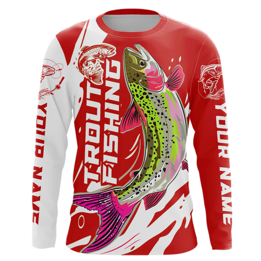 Custom Trout Fly Fishing Long Sleeve Tournament Shirts, Multi-Color Trout Fishing Jerseys for Men, Women and Kids IPHW5885 Red