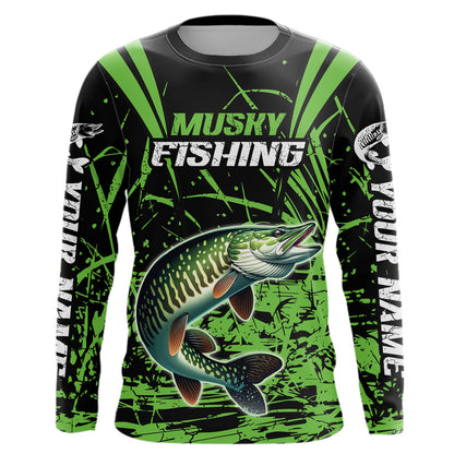 Customized Musky Fishing Long Sleeve Tournament Shirts, Muskie Fishing Gifts For Fisherman | Green IPHW6648