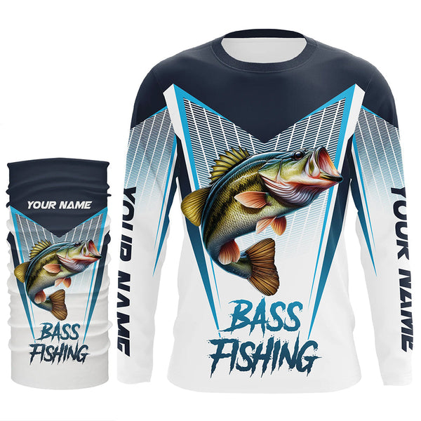 Personalized Largemouth Bass fishing Tournament Long Sleeve Fishing Shirts, Bass Fishing Jersey | Blue NQS9224