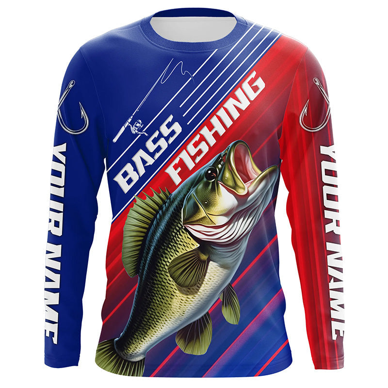 Custom Bass Fishing Long Sleeve Tournament Shirts, Red White And Blue Colors Bass Fishing Jerseys IPHW6312