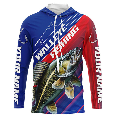 Custom Walleye Fishing Long Sleeve Tournament Shirts, Red White And Blue Walleye Fishing Jerseys IPHW6313