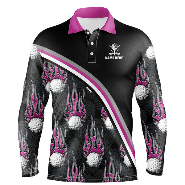 Golf balls pink flame pattern Mens Golf polo shirts custom name golf clothes for men golfing | Black NQS6107