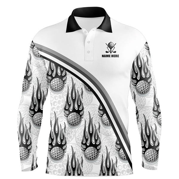 Golf balls black flame pattern Mens Golf polo shirts custom name golf clothes for men golfing | White NQS6108