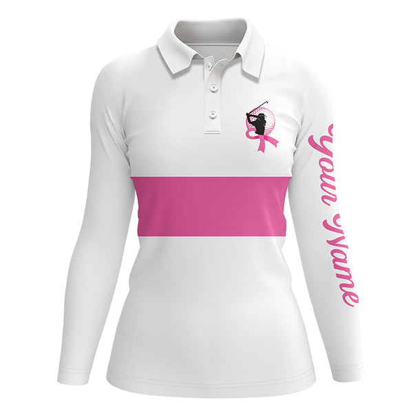 White and pink Breast Cancer Awareness custom Women golf polo shirt, pink ribbon golf shirts NQS6321
