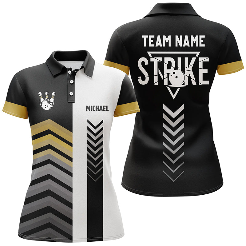 Black and white Women bowling polo shirts Custom retro bowling ball pins team league jerseys | Yellow NQS6328