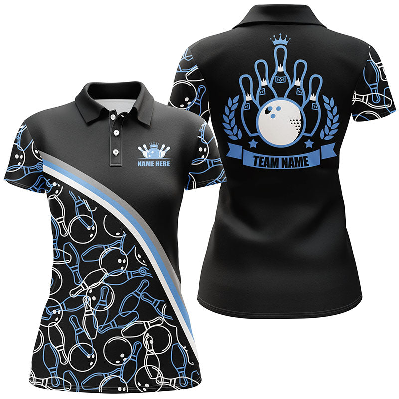 Personalized bowling polo shirts for women Custom name black blue bowling pattern, bowling team shirts NQS5442