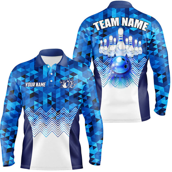 Blue Geometric pattern bowling ball and pins custom Men Bowling Polo Shirts, team bowling jersey NQS7452