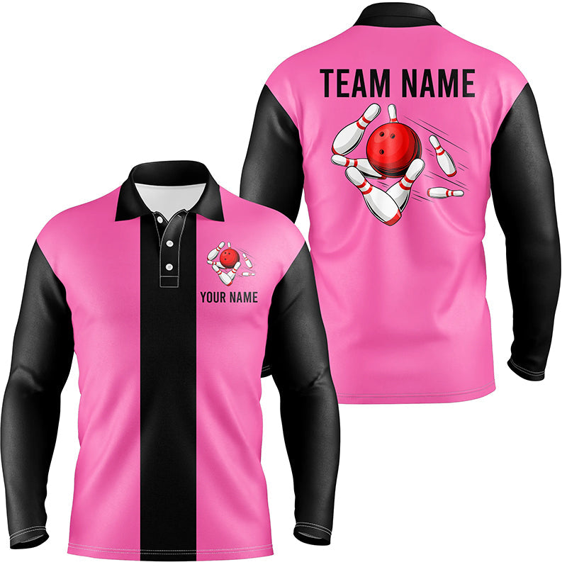 Personalized Pink Black Retro Bowling Polo Shirts For Men custom vintage bowling team jerseys NQS6568