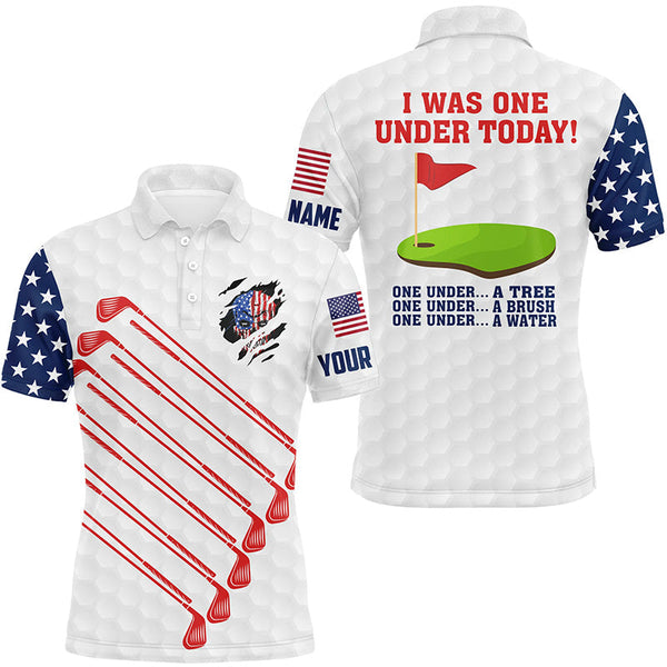 American flag golf clubs custom mens golf polo shirt I was one under today one under a tree bush water NQS6827