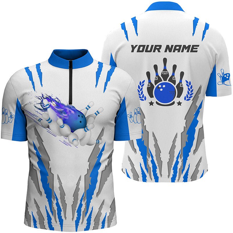 White Bowling Quarter Zip shirts for men custom name Flame Bowling Ball & Pins bowling jerseys | Blue NQS4901