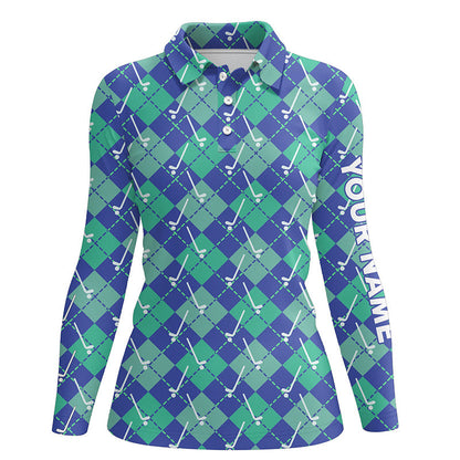Green Blue argyle plaid pattern golf clubs custom Women golf polo shirt, ladies golf tops NQS6849