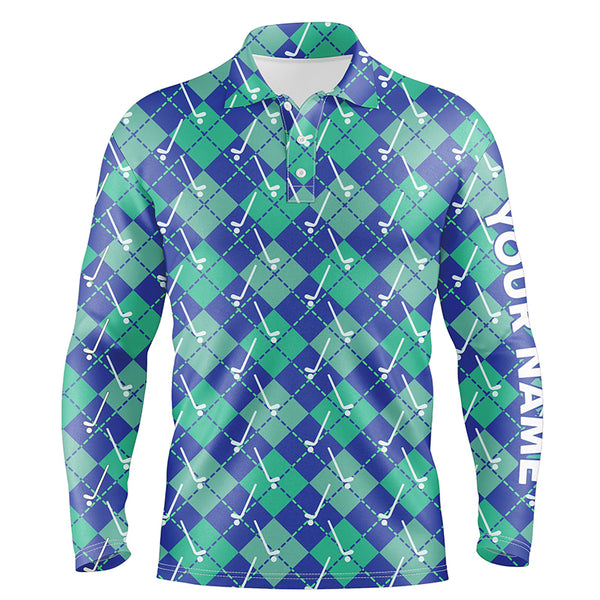 Green Blue argyle plaid pattern golf clubs custom Mens golf polo shirt, golf tops for men golfing gift NQS6849