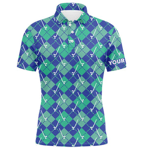 Green Blue argyle plaid pattern golf clubs custom Mens golf polo shirt, golf tops for men golfing gift NQS6849