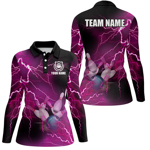 Women bowling polo shirts Custom pink lightning thunder Bowling Team Jersey, gift for team Bowlers NQS6379