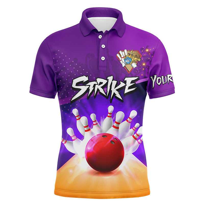 Men's Bowling short sleeve polo Custom bowling ball and pins strike purple team Men Bowlers Jerseys NQS5948