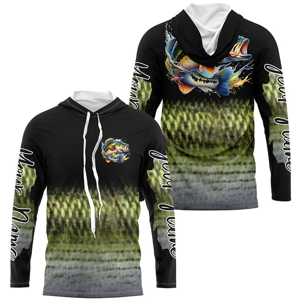 Largemouth Bass fishing Custom sun protection black long sleeve fishing shirts, Bass scales jerseys NQS4130