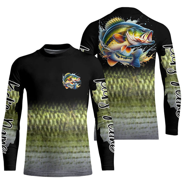 Largemouth Bass fishing Custom sun protection black long sleeve fishing shirts, Bass scales jerseys NQS4130