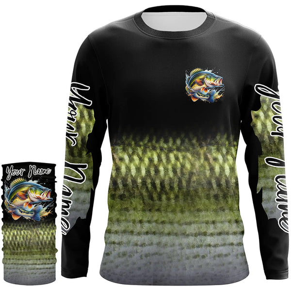 Largemouth Bass fishing Custom sun protection black long sleeve fishing shirts, Bass scales jerseys NQS4130