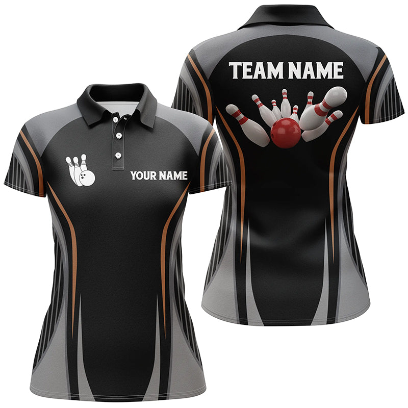 Bowling polo shirts for women Custom bowling ball and pins black vintage Bowling Team Jerseys NQS5246