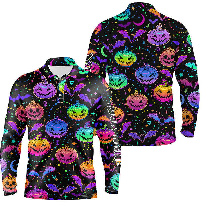Funny Mens golf polo shirts colorful neon black Halloween background custom golf clothes for men NQS6153