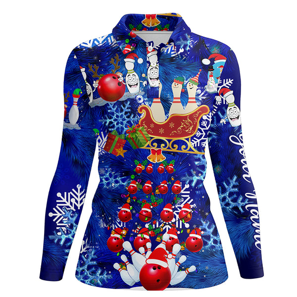 Womens Bowling Polo Shirts Custom blue Christmas pattern Bowling Santa ball pins team Ladies Jersey NQS6617