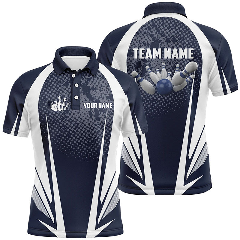 Men's Bowling short sleeve polo Custom bowling ball and pins navy and white team Men Bowlers Jerseys NQS5964