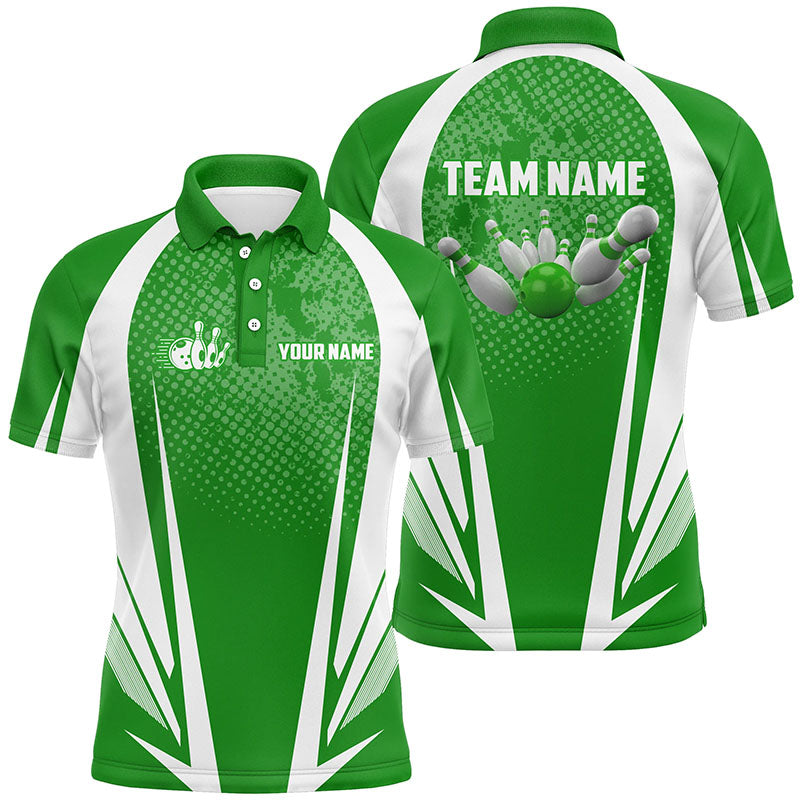 Men's Bowling short sleeve polo Custom bowling ball and pins green and white team Men Bowlers Jerseys NQS5965