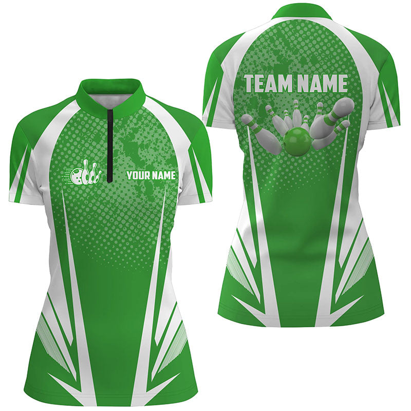 Women Bowling Quarter-Zip Custom bowling ball and pins green and white team ladies Bowlers Jerseys NQS5965