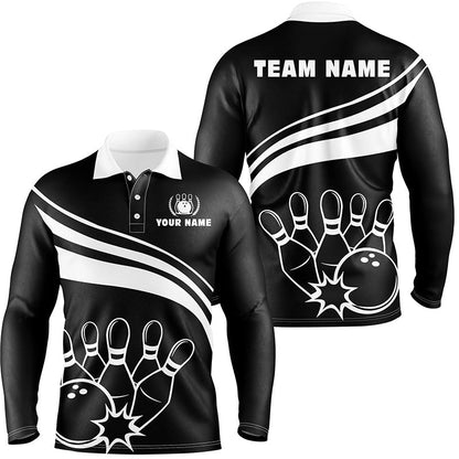 Personalized black and white bowling polo shirts for men, custom men's bowling shirt team bowl jersey NQS6875